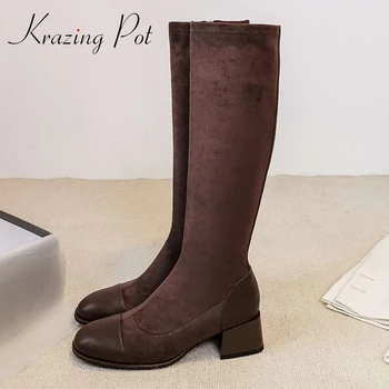 

Krazing Pot cow leather round toe high heel stretch boots patchwork Korean street beauty lady dating party knee-high boots L61
