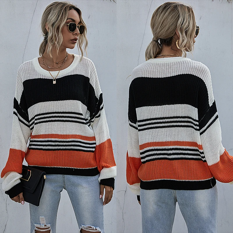 

Pullover sweater 2020 new three-color stitching striped sweater women autumn and winter new loose casual all-match sweater