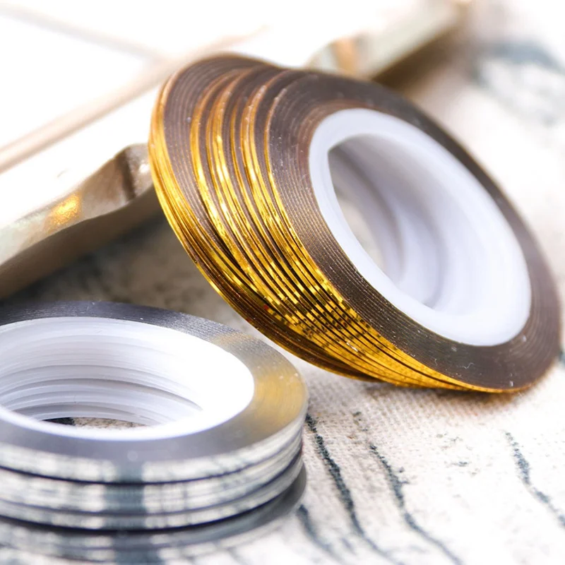 2 рулона цвета: золотистый, серебристый блеск чередование Ленточные линии для нейл-арта, 0,5 мм аппарат для крепления на гвоздях и Стикеры Фольга декоративный для маникюра DIY наконечник