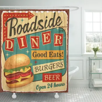 

Shower Curtain 1950S Vintage Roadside Diner Metal Sign Burger Retro Waterproof Polyester Fabric es Set with Hooks