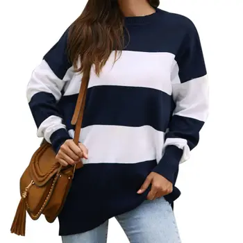

Women Striped Autumn Sweaters Casual Warm Striped Sweater Long Sleeve Loose Pullover Tops