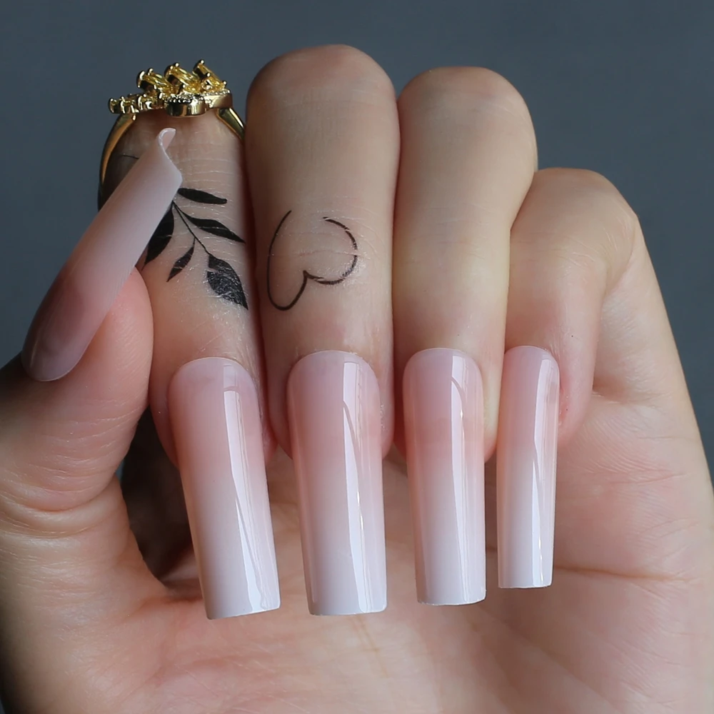 Luxury Gel Ombre Super Long Rectangl Acrylic Nails Nude Salon Fake Nails  Ballet Glossy Reuse Trapezoid Baby Boomer Gradient - False Nails -  AliExpress