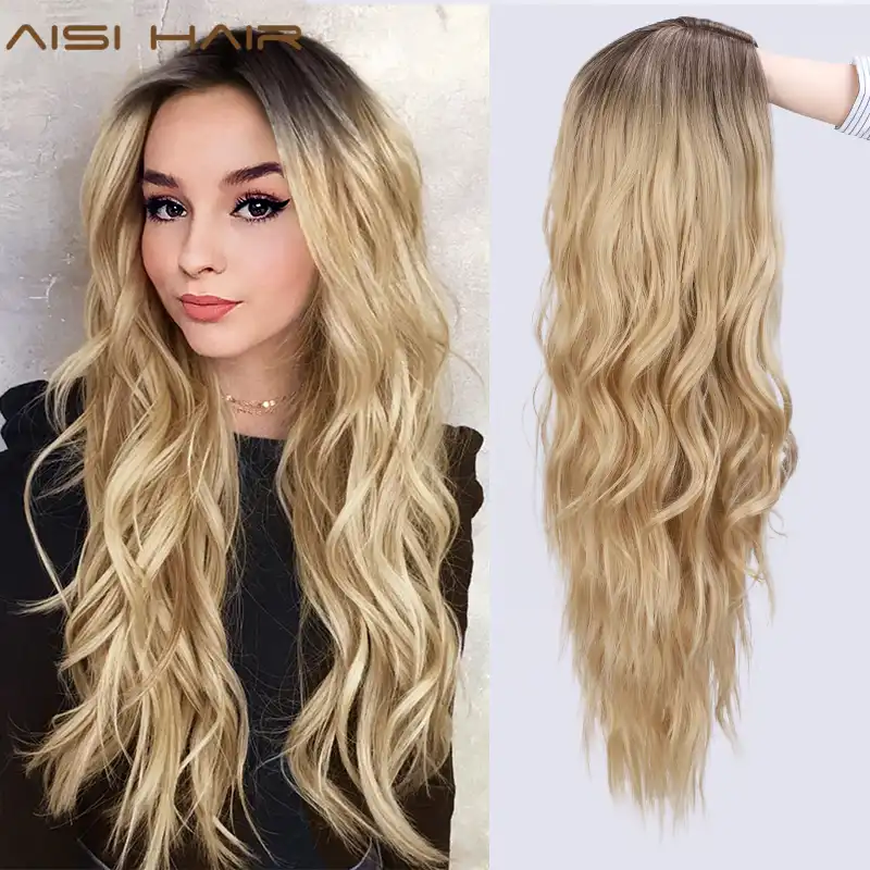 Aisi Hair Long Wavy Ombre Blonde Wig Platinum Blonde Synthetic