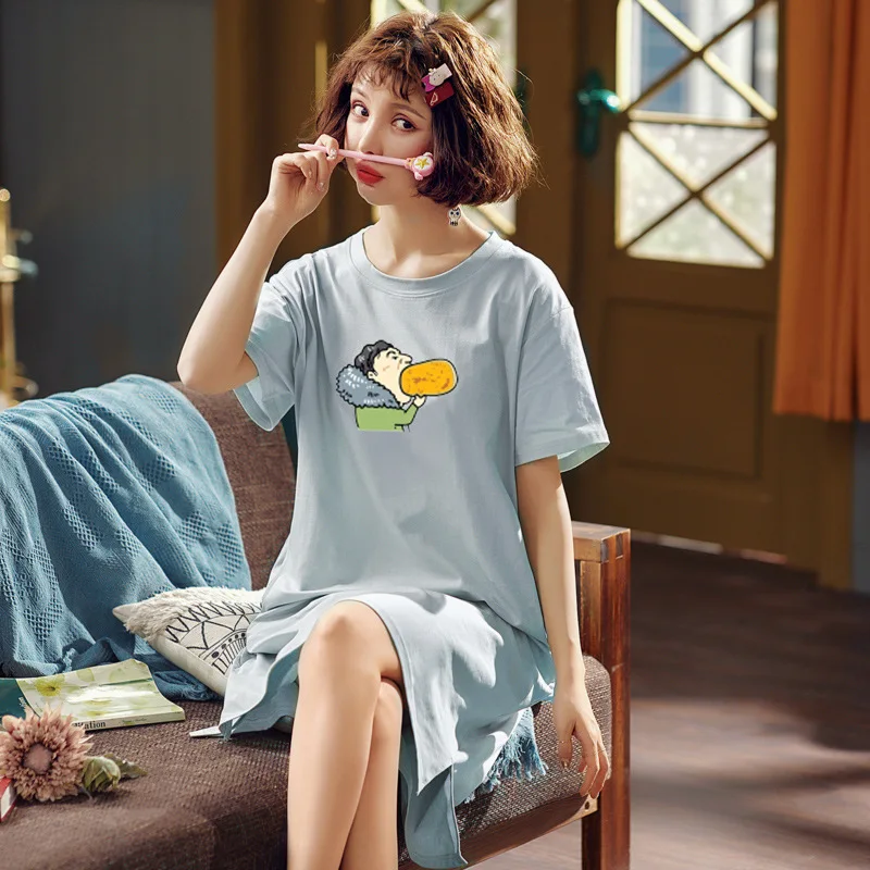 

Pure Cotton Pajamas Women's Japanese Korean Maternity Clothes Time of Childbirth Skirt Mid-length T-shirt Dress Couples Pajamas