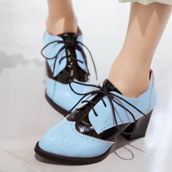 

2020 Large Sizes 42 Spring Autumn Shoelaces Square High Heels Brogue Pumps Shoes Women