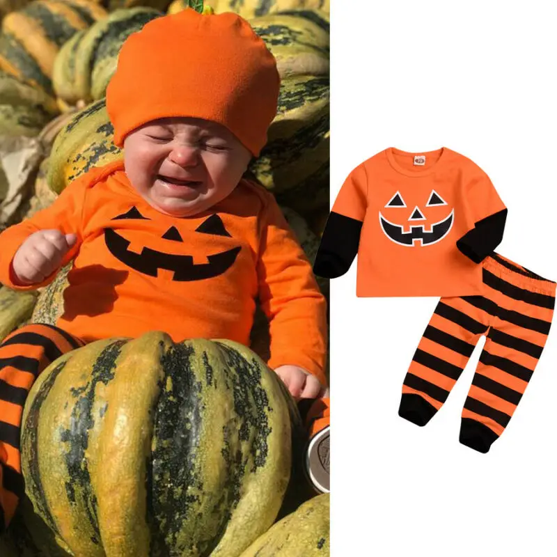 

Newborn Baby Halloween Clothes Boys Pumpkin Print Long Sleeve Pumpkin Blouse + Striped Pants Warm Autumn Clothes 0-18M