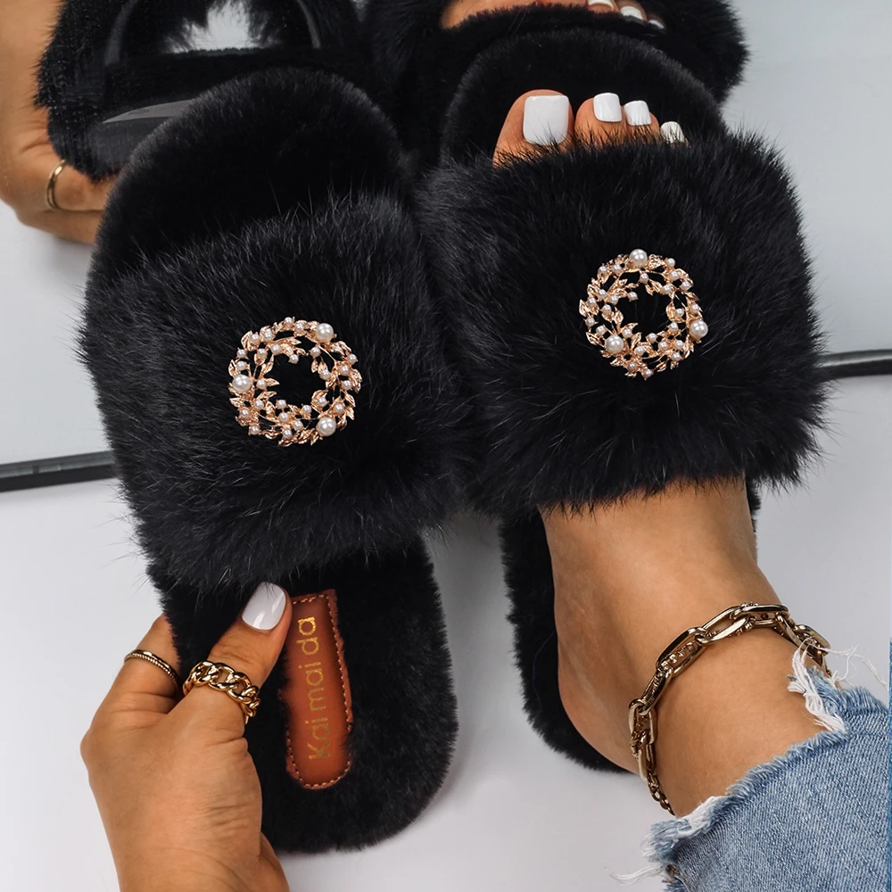Zapatillas de mujer perla corona de sandalias suave chanclas con pelo de zapatillas de lujo de las mujeres 2021 de alta calidad zapatos invierno|Zapatillas| - AliExpress