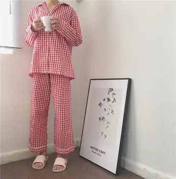 

MISSKY 2pcs/set Women's Pajama Suit Spring Autumn Plaid Loose Casual Home Service Long-sleeved Top+ Trousers Female Sleepwear