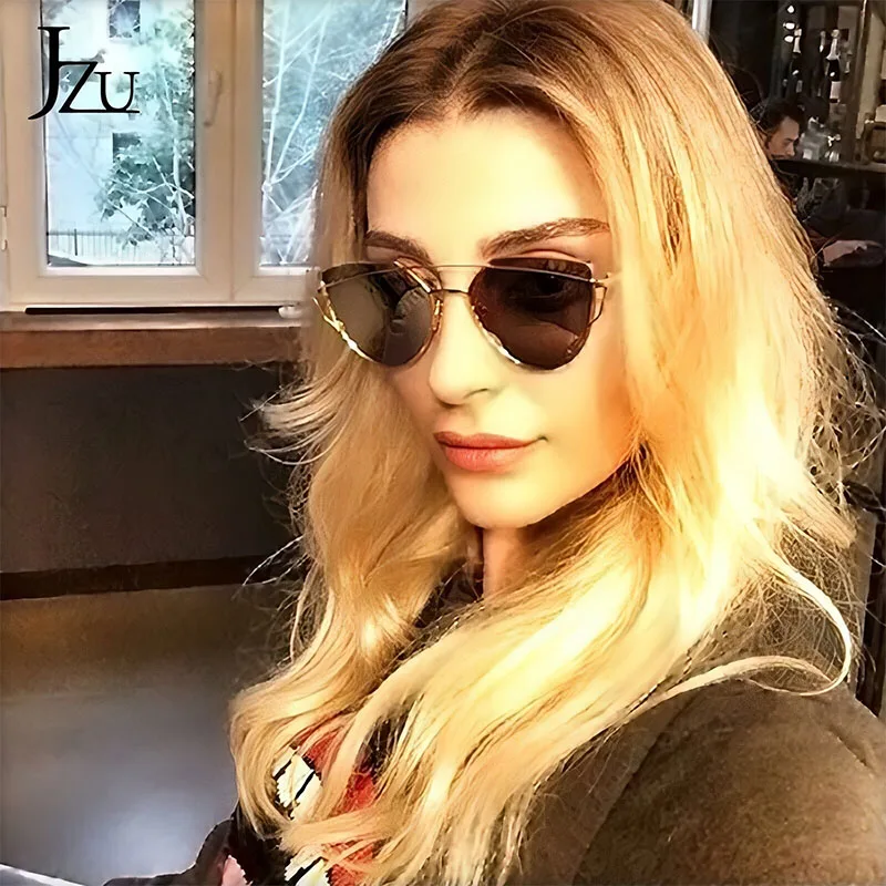 JZU, кошачий глаз, брендовые солнцезащитные очки, женские, дизайнерские, зеркальные, плоские, розовое золото, винтажные, металлические, отражающие, солнцезащитные очки для женщин, Oculos Gafas
