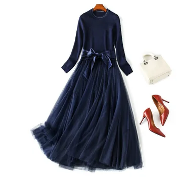 

Autumn winter dress knitted sweater mesh midi dresses new 2019 long sleeve fit and flare dresses elegant blue