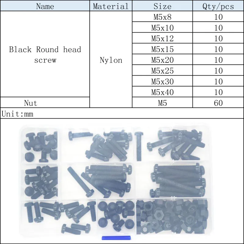 M5 черный нейлоновый круглый Винт с полукруглой головкой, пластиковые шестигранные гайки, Ассортимент комплектов