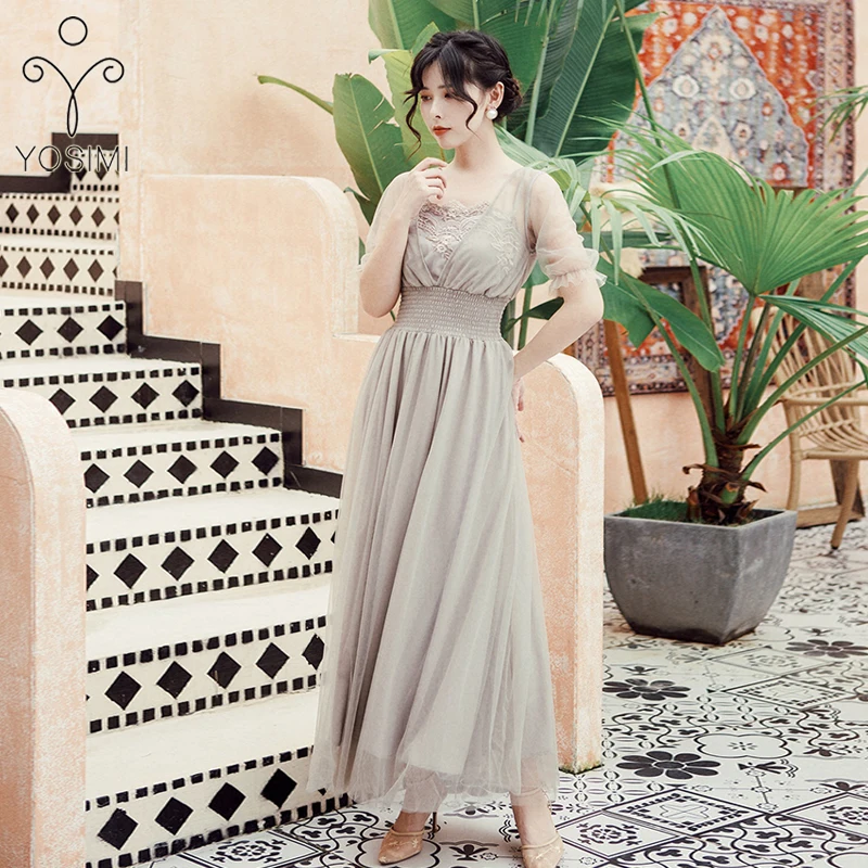 YOSIMI V-Neck Short Sleeve Chiffon Long Women Dress Summer Vintage Maxi Empire Beige Lace Ladies Party Dress Ankle-length - Цвет: Серый