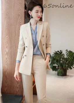 

High Quality Fabric Novelty Apricot Ladies Pantsuits Formal Women Business Suits with Pants and Jackets Autumn Winter Blazers