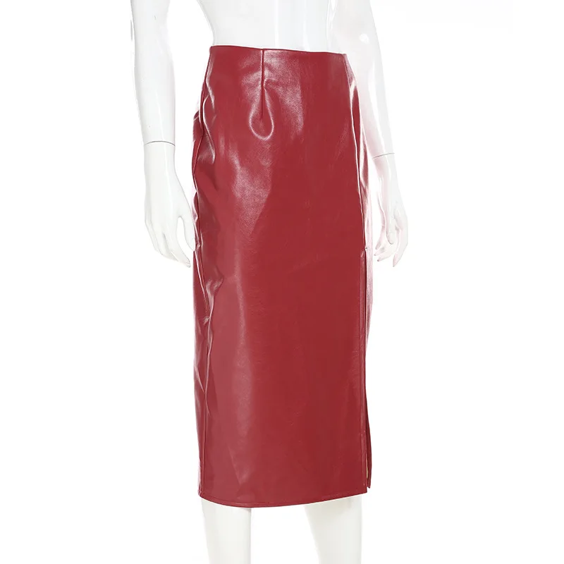 Осенняя женская красная юбка, Новые Сексуальные женские юбки средней длины, одежда с разрезом, красная юбка из искусственной кожи на бедрах, винтажная длинная юбка-карандаш на молнии