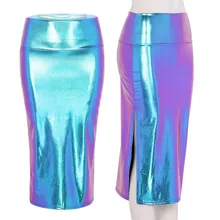 Женские Блестящие Босоножки металлическая голографическая Высокая Талия сбоку Разделение миди облегающая юбка-карандаш для вечерние ночной клуб пикантная модная юбка