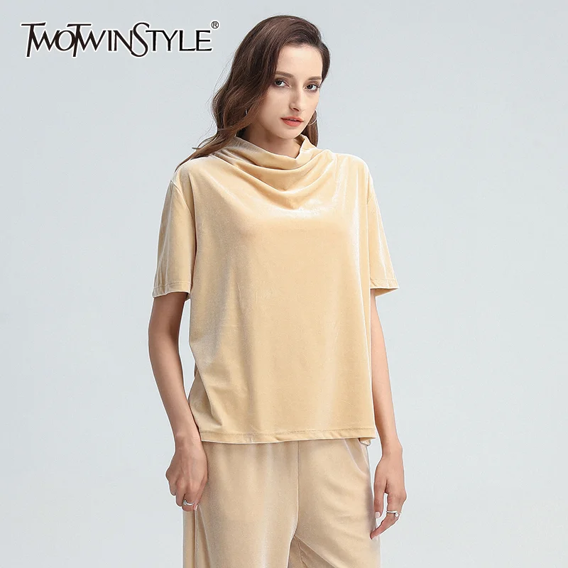 

TWOTWINSTYLE Casual Velour T Shirt For Women Turtleneck Short Sleeve Oversized Loose T Shirts Female 2020 Fashion Clothing Tide
