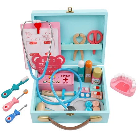 Детские деревянные медицинские игрушки, ролевые игры, набор медсестры, доктор, портативное моделирование, стоматологический медицинский ящик, ролевые игрушки для детей, подарок - Цвет: 34pcs Set Blue