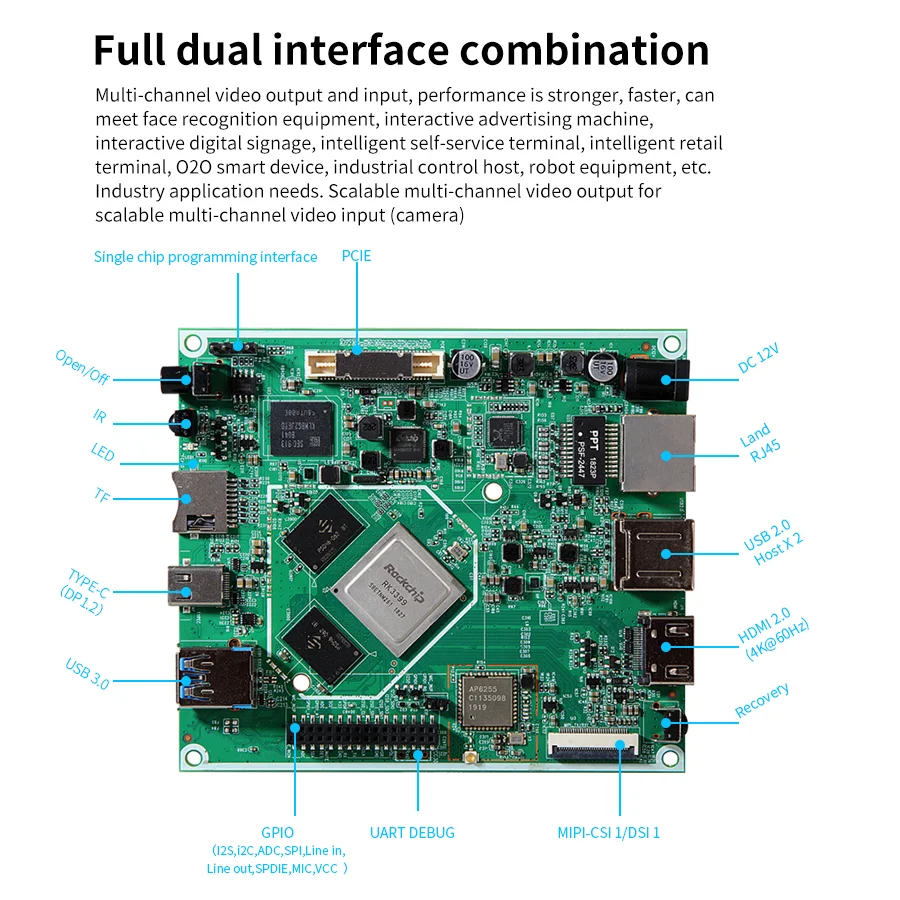Материнская плата RK3399 макетная плата с Quard cores A53(1,5 ГГц)+ Dual cores A72(1,8 ГГц)+ Mali-T860 MP4 GPU, 4GDDR+ 32GEMMC с