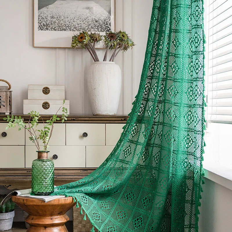 verde cortina para quarto, Farmhouse Retro Crochet