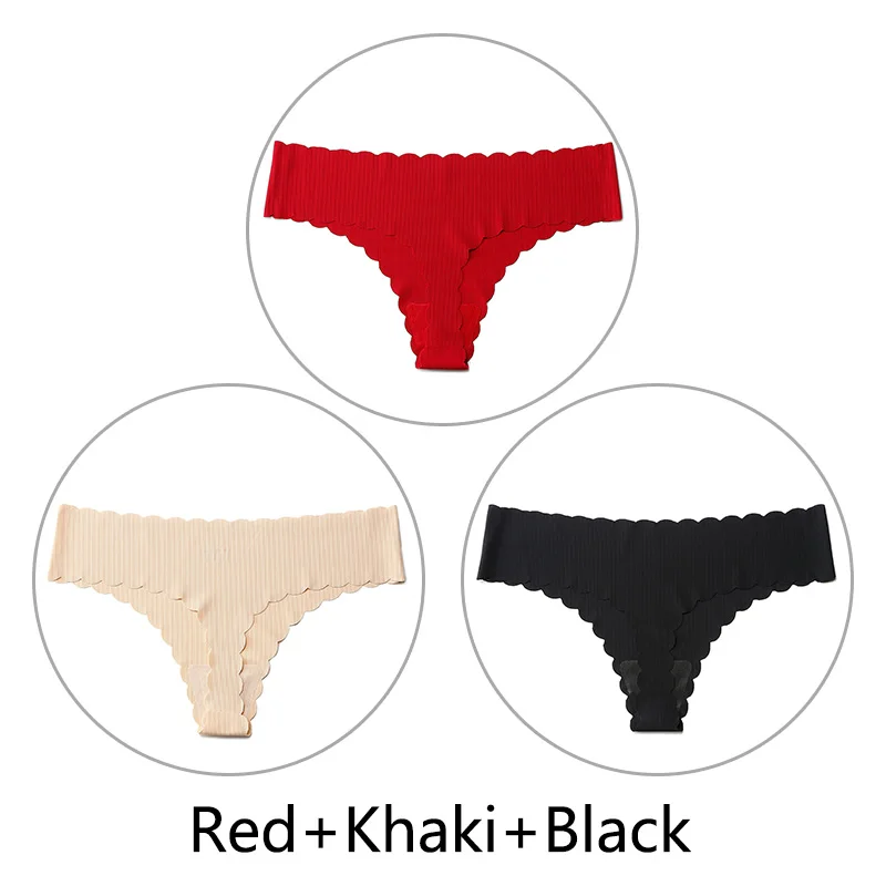 Red Khaki Black 3 шт./партия, полосатые бесшовные стринги и стринги, трусики для женщин, нижнее белье, сексуальные оборки, цельное женское белье, танга, американский размер - Цвет: Red Khaki Black