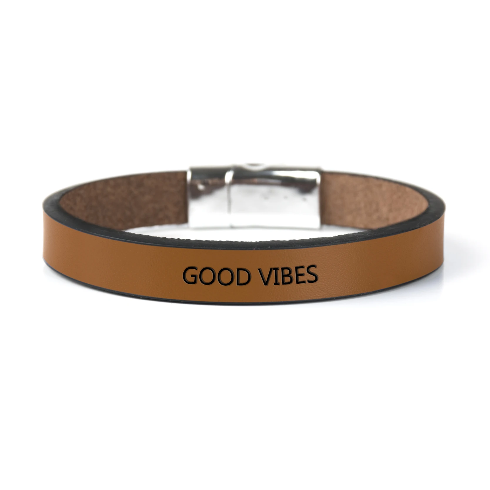 Brown GOOD VIBES вдохновляющее сообщение Выгравированная манжета браслет магнитная пряжка ювелирные изделия Модные кожаные браслеты подарки - Окраска металла: Brown