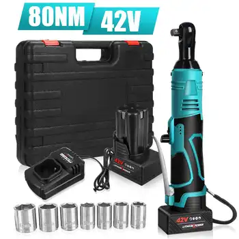 

42V 3/8" Electric Ratchet WrenchRechargeable Cordless Electric Wrench 80N.m Power Tool with 2 Lithium-Ion Battery Charger Kit