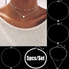 MLING Винтаж цвета: золотистый, Серебристый сплав модное колье-чокер с многослойным покрытием Луна Звезда Сердце Кулон Цепочки и ожерелья для Для женщин