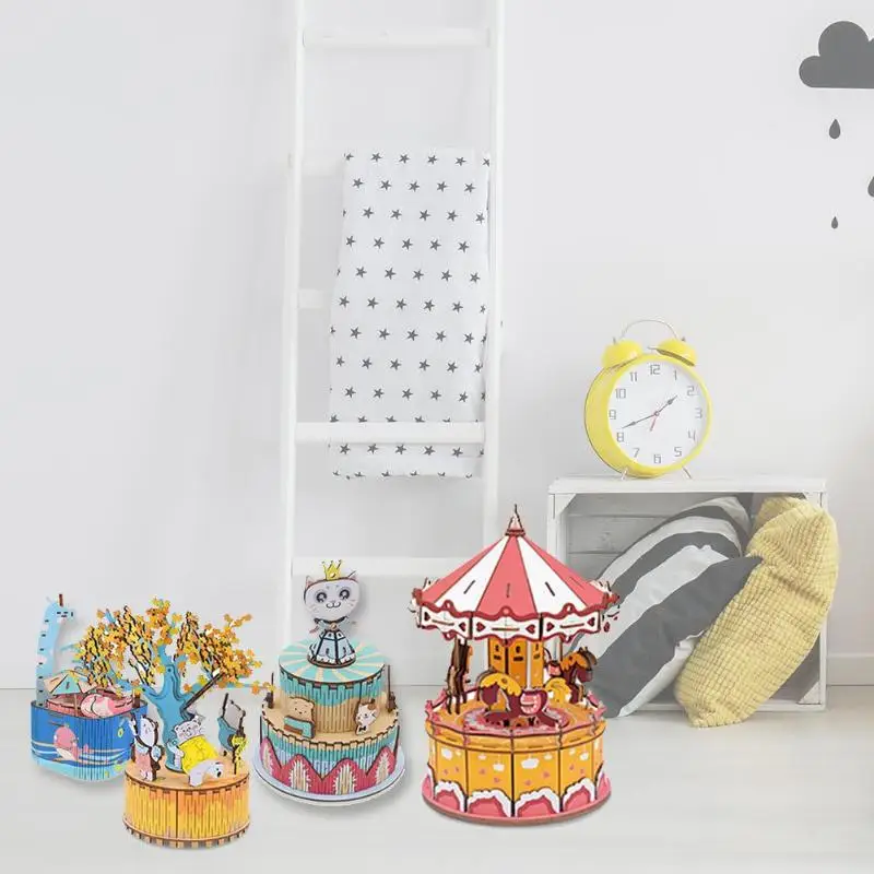 DIY Wood Music Box Carousel Birthday Gift Toy with Machine Core Home Decor