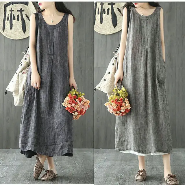 ShiMai Summer Women Maxi Dress Loose Casual Striped Translucent Sleeveless O-neck Plus Size Vintage linen Ladies Long Dresses 2