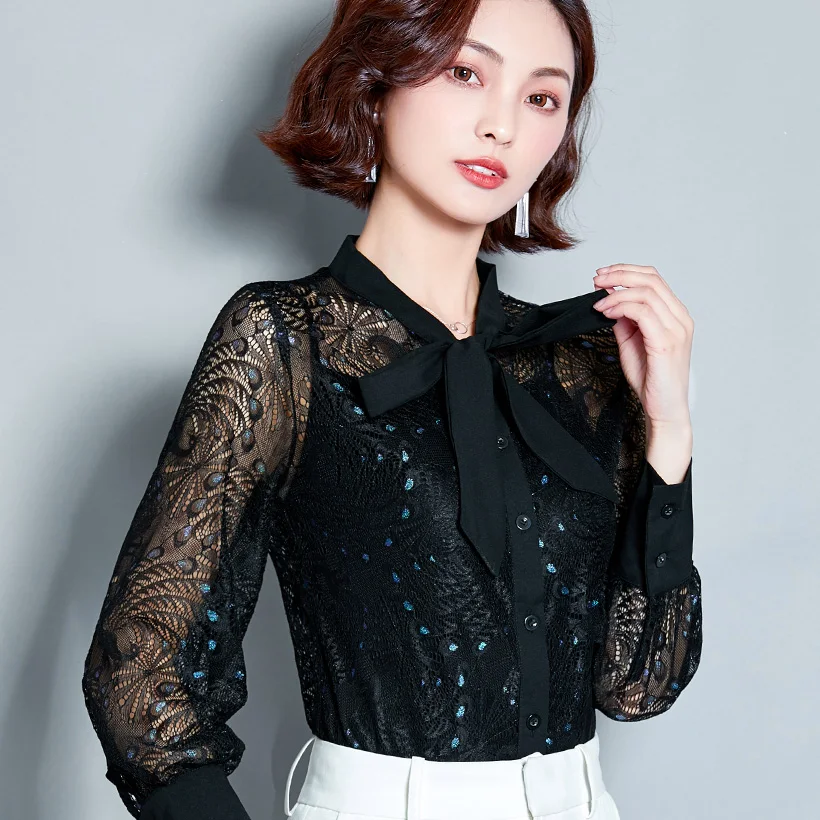 Blusas mujer de moda Осенняя кружевная рубашка с длинными рукавами сексуальная открытая женская блузка с бантом рубашка плюс размер Свободная Женская рубашка