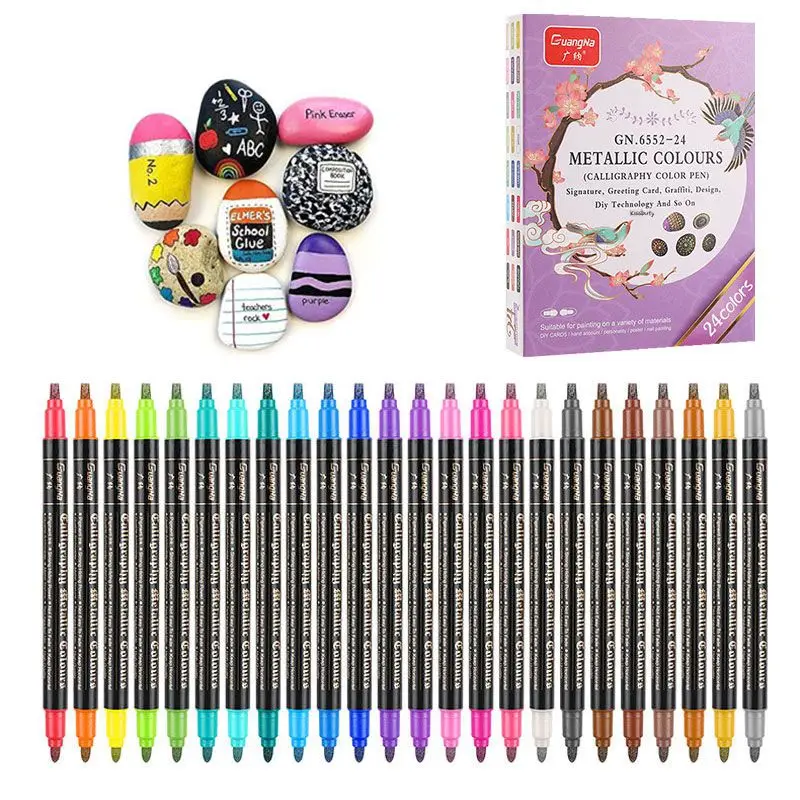 12/24 Farben Metallic Farbe Marker Stifte rund/Meißel Dual Tip Glitter Doodle Blenden Zeichnung stifte für Osterei Stein Kunst Stift – Detail 1