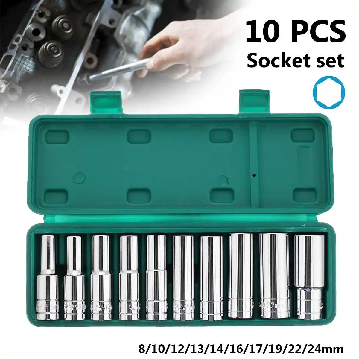 

10Pcs 1/2 Inch Chrome Vanadium Deep Sockets Set 8-24mm Drive Impact Socket Set Wrench Adapter Drive Socket Converter Reducer