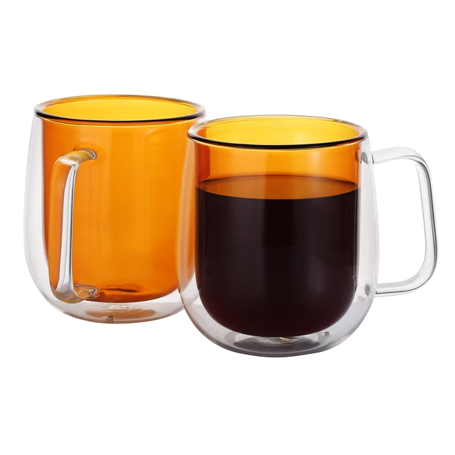 WELLS Double Walled Insulated Glass Coffee Mugs with Handle 2-Pack