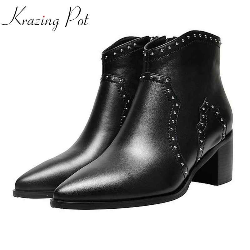 

krazing pot genuine leather pointed toe metal rivets high heels zipper gladiator dating keep warm preppy style Chelsea boots l62