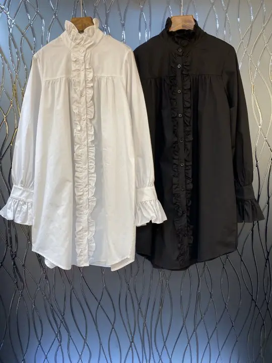 

2019 Autumn New Fashion Doll Collar Women Long Shirt with Bud Cuffs Two Color White & Black Only One Size