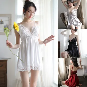 

Sexy Nightwear Women Nightgown Sexy Silk Satin Night Dress Sleeveless V-neck Nighties Nightdress Lace Hollow Out Sleepwear