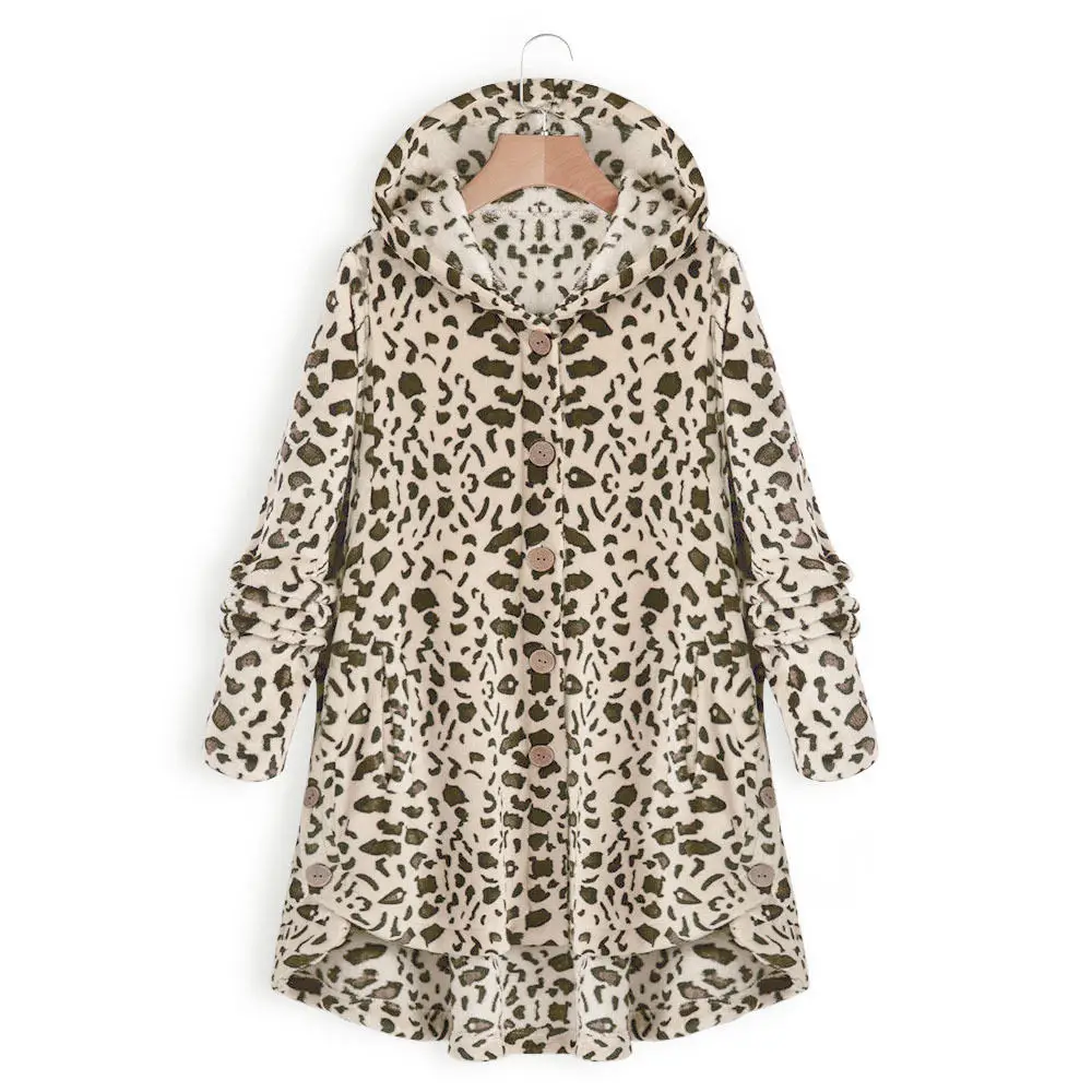 khaki leopard Женский плюшевый свитер, больше размера d 5XL, пушистое флисовое пальто размера плюс, кардиган на пуговицах, шерпа, флисовые свитера, уличная одежда - Цвет: khaki leopard