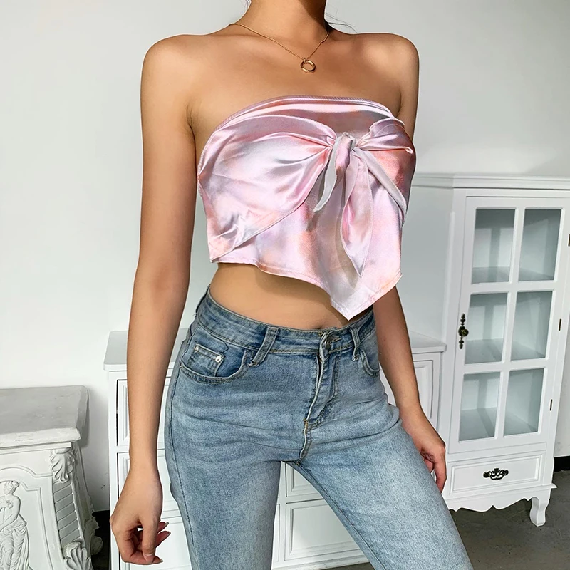 

Summer Ladies Off-shoulder Short Top Sexy Solid Color Elegant Bandage Slim Fit Wild Tube Top Blue Pink Fashionable street wear