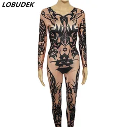 Elastic Skinny Tattoo Pattern Jumpsuit Women Halloween Cosplay Costume Bar Nightclub DJ Singer Pole Dance Jumpsuits Costumes