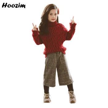 

High Street Sprng Suit For Girls 4-12 Age Chic Burgundy Knitted Pattern Pullover Sweater+Vintage Plaid Wide Leg Pants Set Child