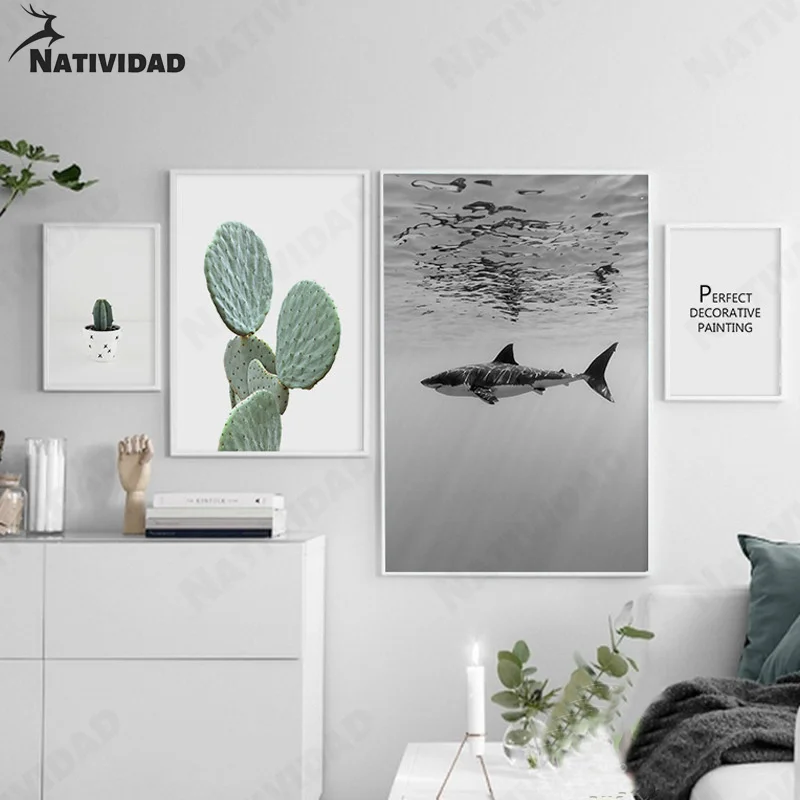 

Perfect Underwater Shark Picture Canvas Painting Decoration Cactus Simple and Fresh Print Poster Living Room Room Home Decor