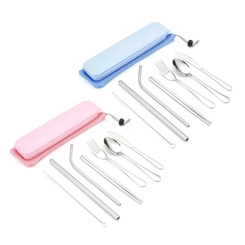 

Promotion! 14-Piece Stainless Steel Travel Portable Tableware Cutlery Straw Blue+Silver & Pink+Silver