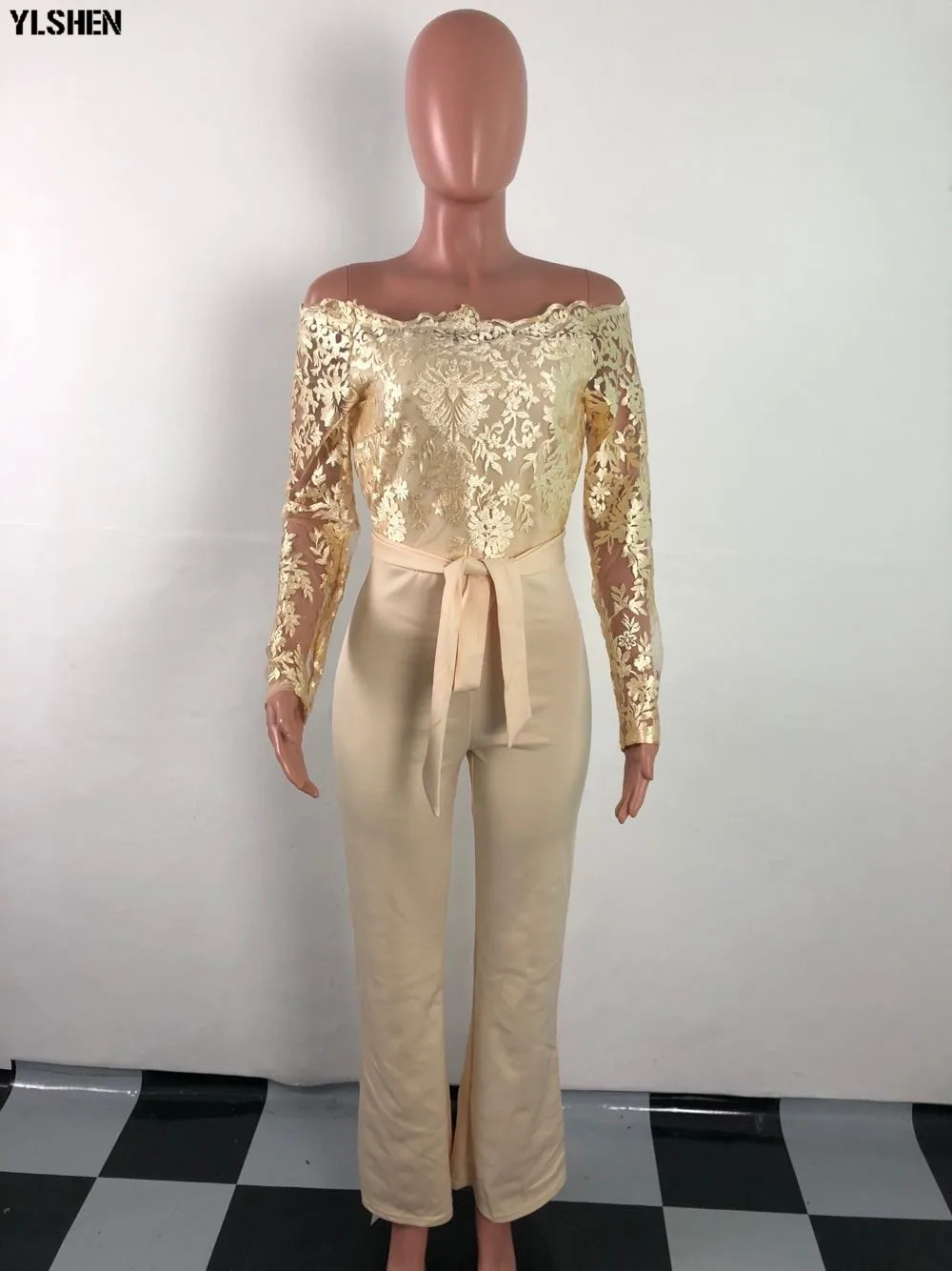 Women Jumpsuit Sexy Lace Ladies Jumpsuits Party Casual Wide Leg Overalls Off Shoulder Long Sleeve Romper Skinny Rompers Trousers 36