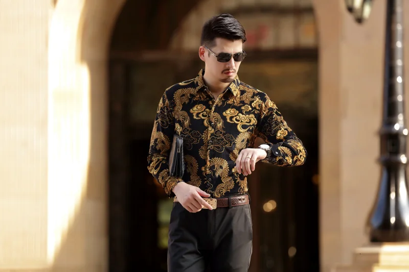 Рубашка с цветочным принтом дракона для мужчин Camisa Social Masculina De Luxo рубашка мужская с длинным рукавом бархатная рубашка мужская сорочка Homme