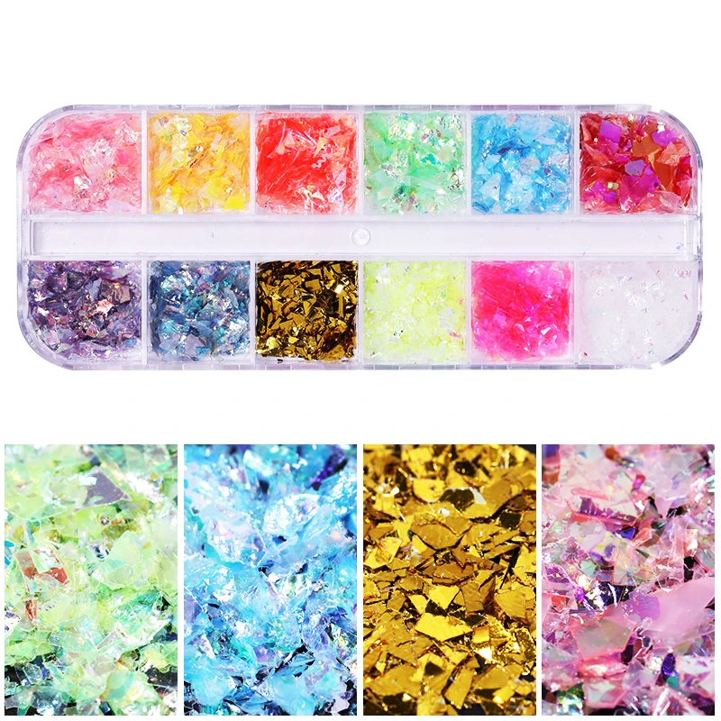 

12 Grids/box Holographic Nail Glitter Powder AB Colors Nail Glitter Dust Glass Powder Nail Art Decorations Set DIY