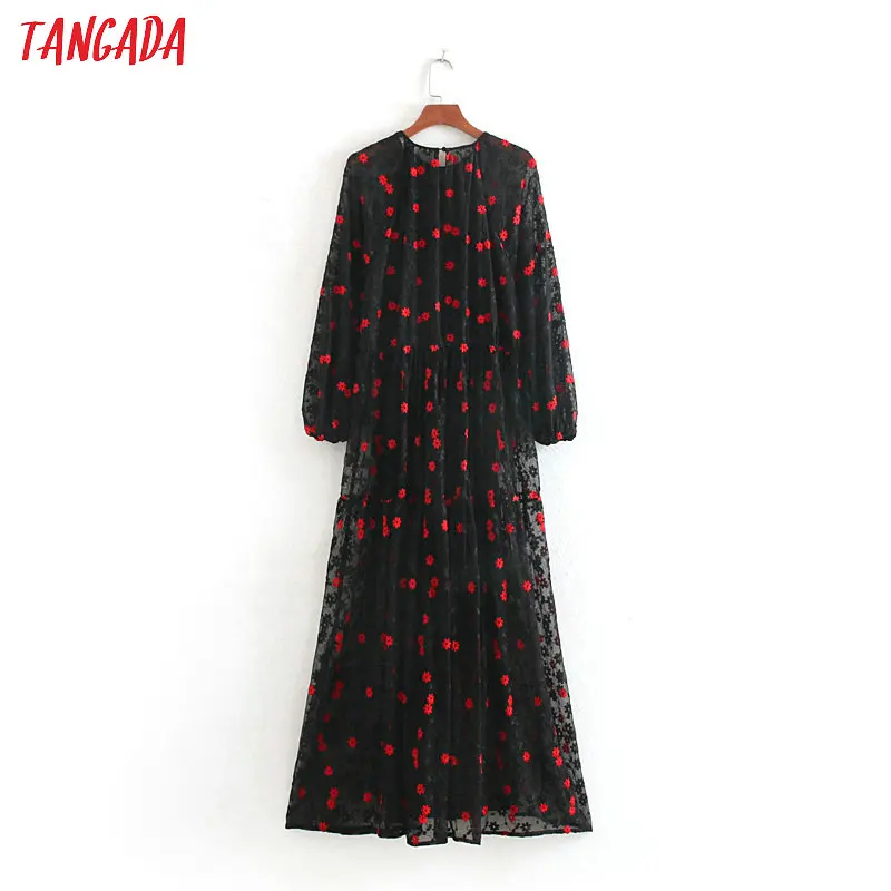 Tangada women elegant embroidery mesh dress o neck long sleeve fashion lady black party long vestidos CE114
