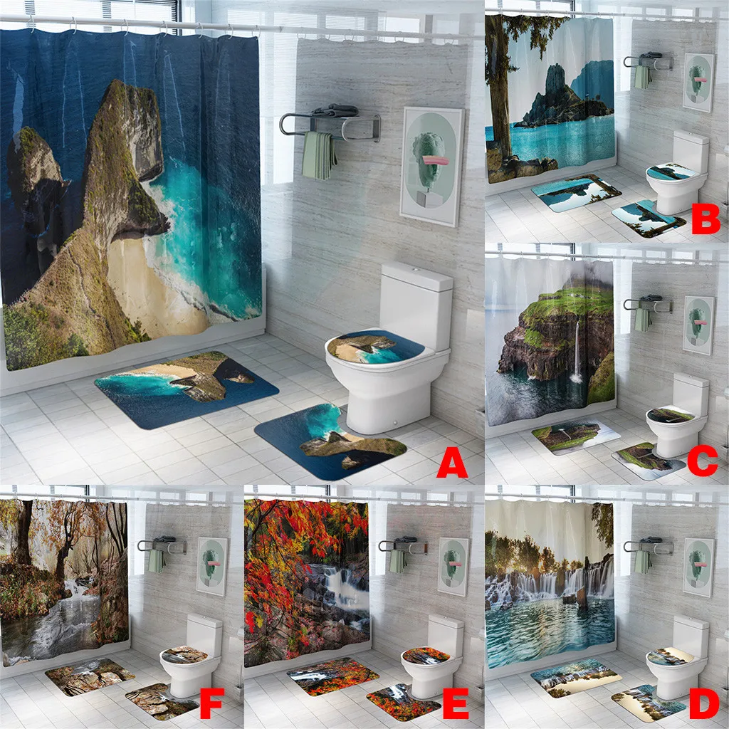 Mountain Landscape Print Shower Bathroom Mat and Shower Curtain Four-Piece Set household accessories for bathroom shower set
