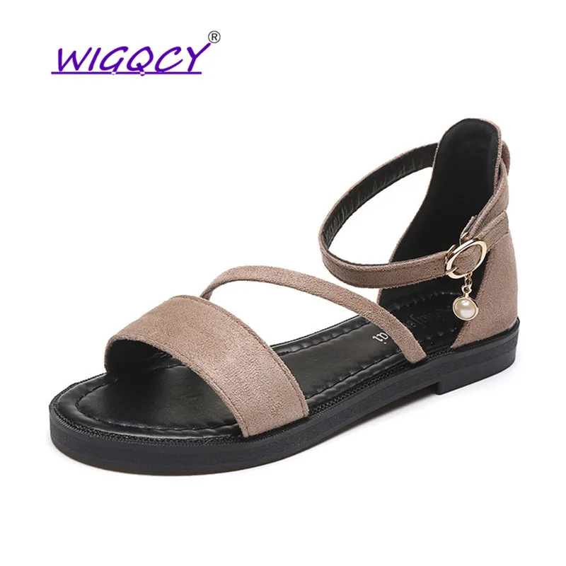 

Open toe Suede Beige flat sandals women 2019 Summer shoes women Rhinestone Buckle Strap sandals Ankle Strap female shoes