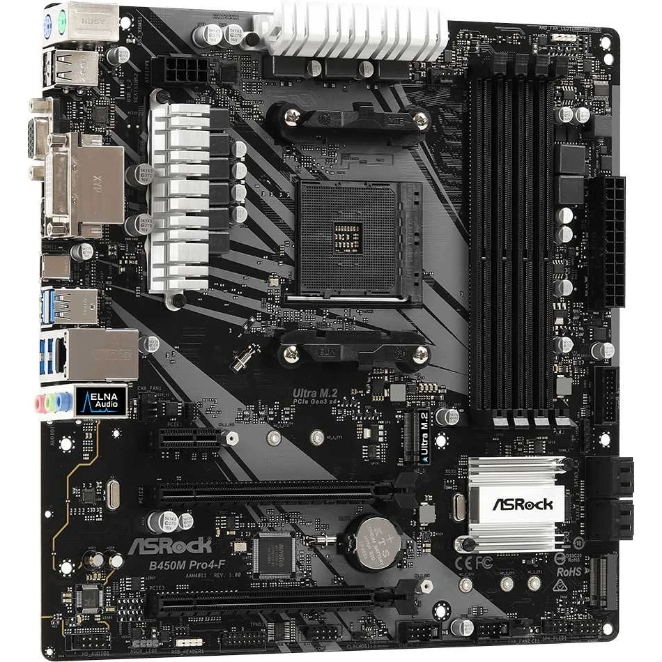 Материнская плата Asrock B450M PRO4-F Soc-AM4 AMD B450 4xDDR4 mATX AC`97 8ch(7.1) GbLAN RAID+VGA+DVI
