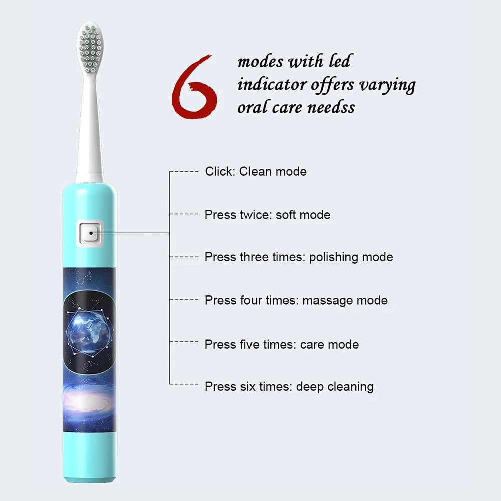 AZDENT, Ультразвуковая электрическая зубная щетка, 6 режимов, перезаряжаемая зубная щетка для путешествий для детей и взрослых, 6 часов зарядки, 20 дней использования